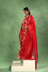 Red Banarasi Katan Silk Bridal Saree with Gold Zari and Scalloped Border