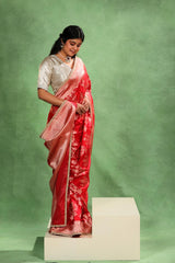 Red Banarasi Katan Silk Bridal Saree with Gold Zari and Scalloped Border
