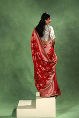 Red Banarasi Katan Silk Bridal Saree with Gold Zari and Scalloped Border