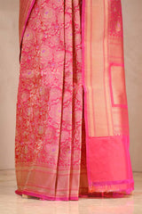 Pink Banarasi Silk Saree with Rose Floral Jaal Work