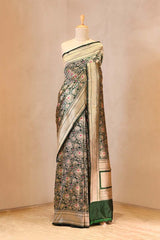 Bottle Green Banarasi Silk Saree with Rose Floral Jaal Work