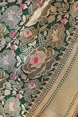 Bottle Green Banarasi Silk Saree with Rose Floral Jaal Work