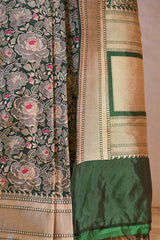 Bottle Green Banarasi Silk Saree with Rose Floral Jaal Work