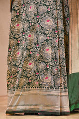 Bottle Green Banarasi Silk Saree with Rose Floral Jaal Work