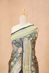 Bottle Green Banarasi Silk Saree with Rose Floral Jaal Work