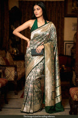 Bottle Green Banarasi Silk Saree with Rose Floral Jaal Work