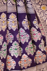 Purple Katan Silk Saree with Rangkat Weaving & Gold Zari Floral Border