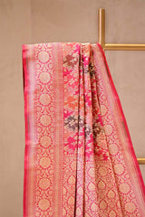 Pink Banarasi Katan Silk Saree with Watergold Zari Floral Motifs & Rangkat Weaving