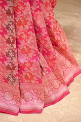 Pink Banarasi Katan Silk Saree with Watergold Zari Floral Motifs & Rangkat Weaving