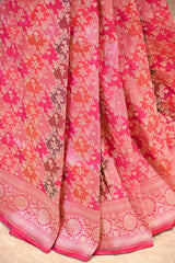 Pink Banarasi Katan Silk Saree with Watergold Zari Floral Motifs & Rangkat Weaving