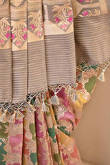 Grey Katan Silk Banarasi Saree with Water Gold Zari Jaal work