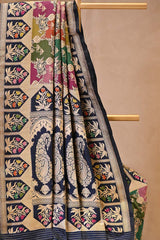 Navy Blue Katan Silk Banarasi Saree with Water Gold Zari Jaal work