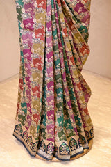 Navy Blue Katan Silk Banarasi Saree with Water Gold Zari Jaal work