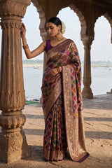 Deep Purple Banarasi Katan Silk Saree with Floral Rangkat Work