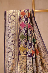 Deep Purple Banarasi Katan Silk Saree with Floral Rangkat Work