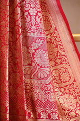 Red Rangkat Katan Silk Saree with mughal miniature and persian jaal artistry