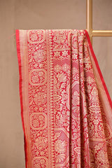 Red Rangkat Katan Silk Saree with mughal miniature and persian jaal artistry