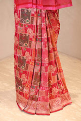 Red Rangkat Katan Silk Saree with mughal miniature and persian jaal artistry