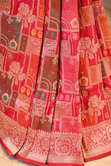 Red Rangkat Katan Silk Saree with mughal miniature and persian jaal artistry