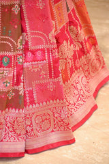 Red Rangkat Katan Silk Saree with mughal miniature and persian jaal artistry
