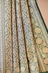 Bottle Green Katan Silk Rangkat Saree with Gold Zari woven