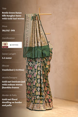 Bottle Green Katan Silk Rangkat Saree with Gold Zari woven