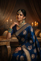 Nita Ambani Inspired Blue Handloom Satin Silk Saree with Mughal Inspired Buta