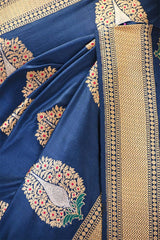 Nita Ambani Inspired Blue Handloom Satin Silk Saree with Mughal Inspired Buta