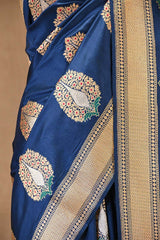 Nita Ambani Inspired Blue Handloom Satin Silk Saree with Mughal Inspired Buta
