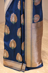Nita Ambani Inspired Blue Handloom Satin Silk Saree with Mughal Inspired Buta