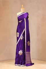 Purple Satin Silk Banarasi Saree with Floral Motifs
