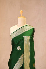 Bottle Green Mashru Silk Banarasi Saree with Floral Motifs