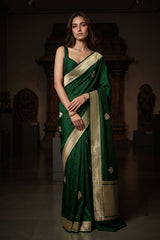 Bottle Green Mashru Silk Banarasi Saree with Floral Motifs