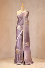 Lilac Satin Silk Banarasi Saree with Floral Motifs