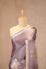 Lilac Satin Silk Banarasi Saree with Floral Motifs