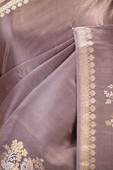Lilac Satin Silk Banarasi Saree with Floral Motifs