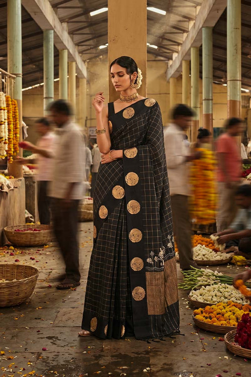 Banarasi Silk Black Saree with Mayur Motif and Tie & Dye Bandhani Print