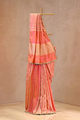 Peach Banarasi Katan silk saree with gold and silver zari geometric stripes and lace border