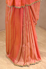 Peach Banarasi Katan Silk Saree with Sona-Rupa Geometric Stripes
