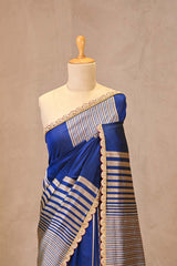 Blue Banarasi Katan Silk Saree with Sona-Rupa Geometric Stripes