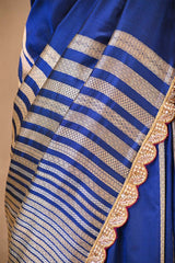 Blue Banarasi Katan Silk Saree with Sona-Rupa Geometric Stripes