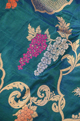 Teal Blue Banarasi Silk Saree with Sona-Rupa Grapes & Birds Woven Jaal