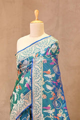 Teal Blue Banarasi Silk Saree with Sona-Rupa Grapes & Birds Woven Jaal