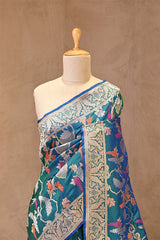 Teal Blue Banarasi Silk Saree with Sona-Rupa Grapes & Birds Woven Jaal