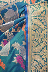 Teal Blue Banarasi Silk Saree with Sona-Rupa Grapes & Birds Woven Jaal