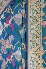 Teal Blue Banarasi Silk Saree with Sona-Rupa Grapes & Birds Woven Jaal