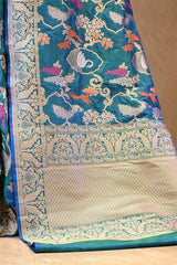 Teal Blue Banarasi Silk Saree with Sona-Rupa Grapes & Birds Woven Jaal