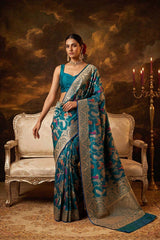 Woman in a traditional blue Banarasi saree standing in a room with ornate furniture and candlelit candles.