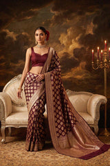 Women wearing Wine Banarasi Silk Pure Saree, on a french wall painting
