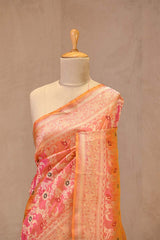 Peach Pure Banarasi Saree with Gold Zari Floral Jaal